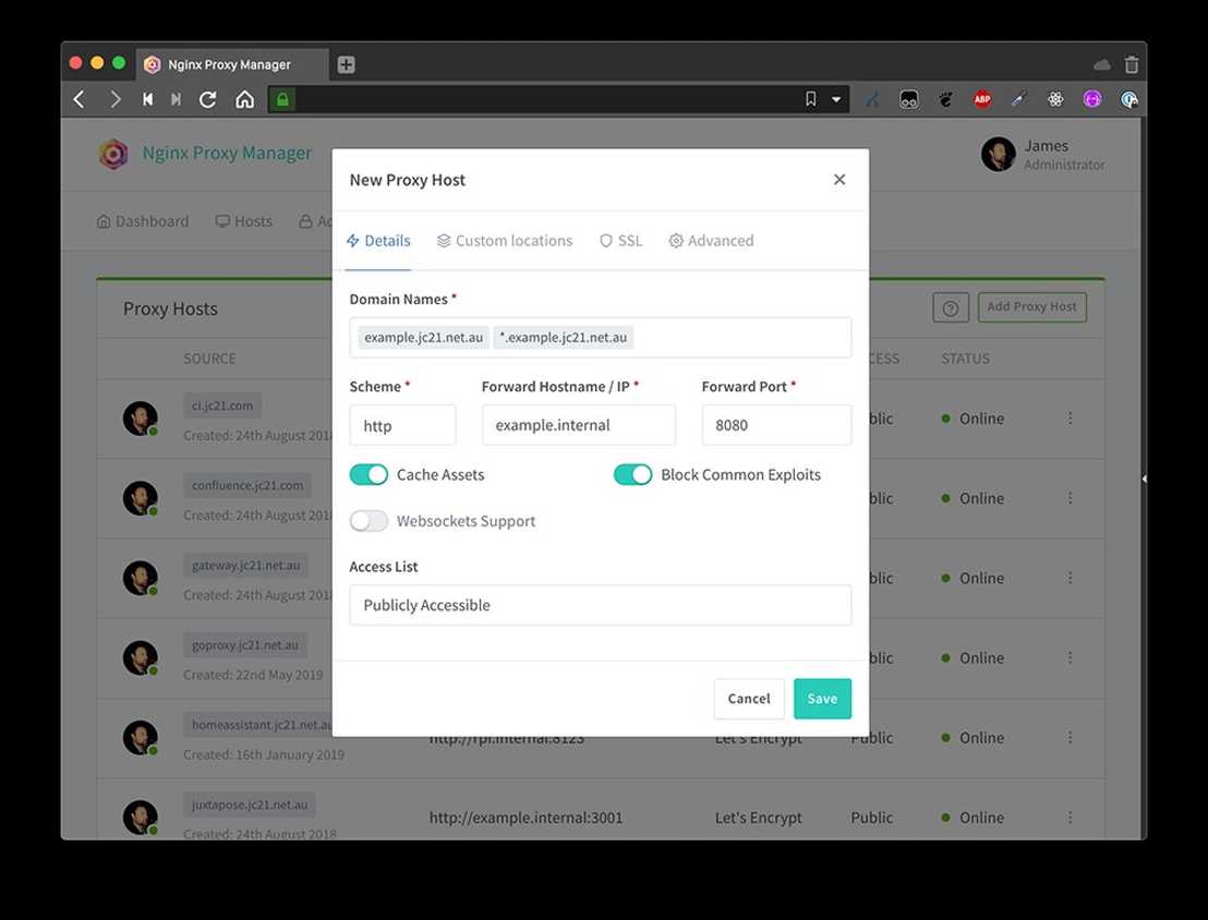 nginx proxy manager proxy hosts add dialog