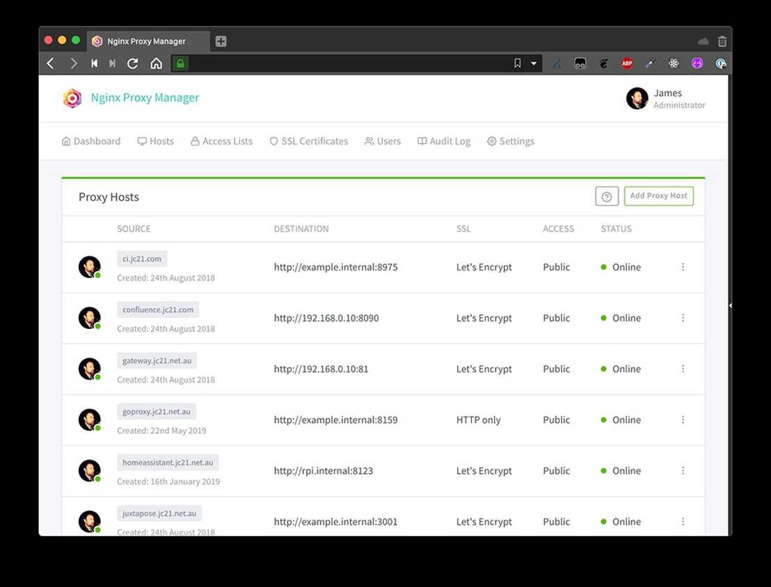 nginx proxy manager proxy hosts page