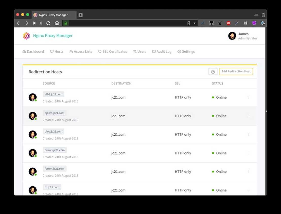 nginx proxy manager redirection hosts menu page