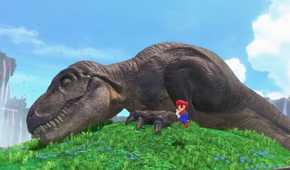 Super Mario Odyssey Mario standing next to T-Rex on hill