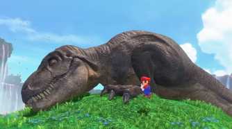Super Mario Odyssey Mario standing next to T-Rex on hill