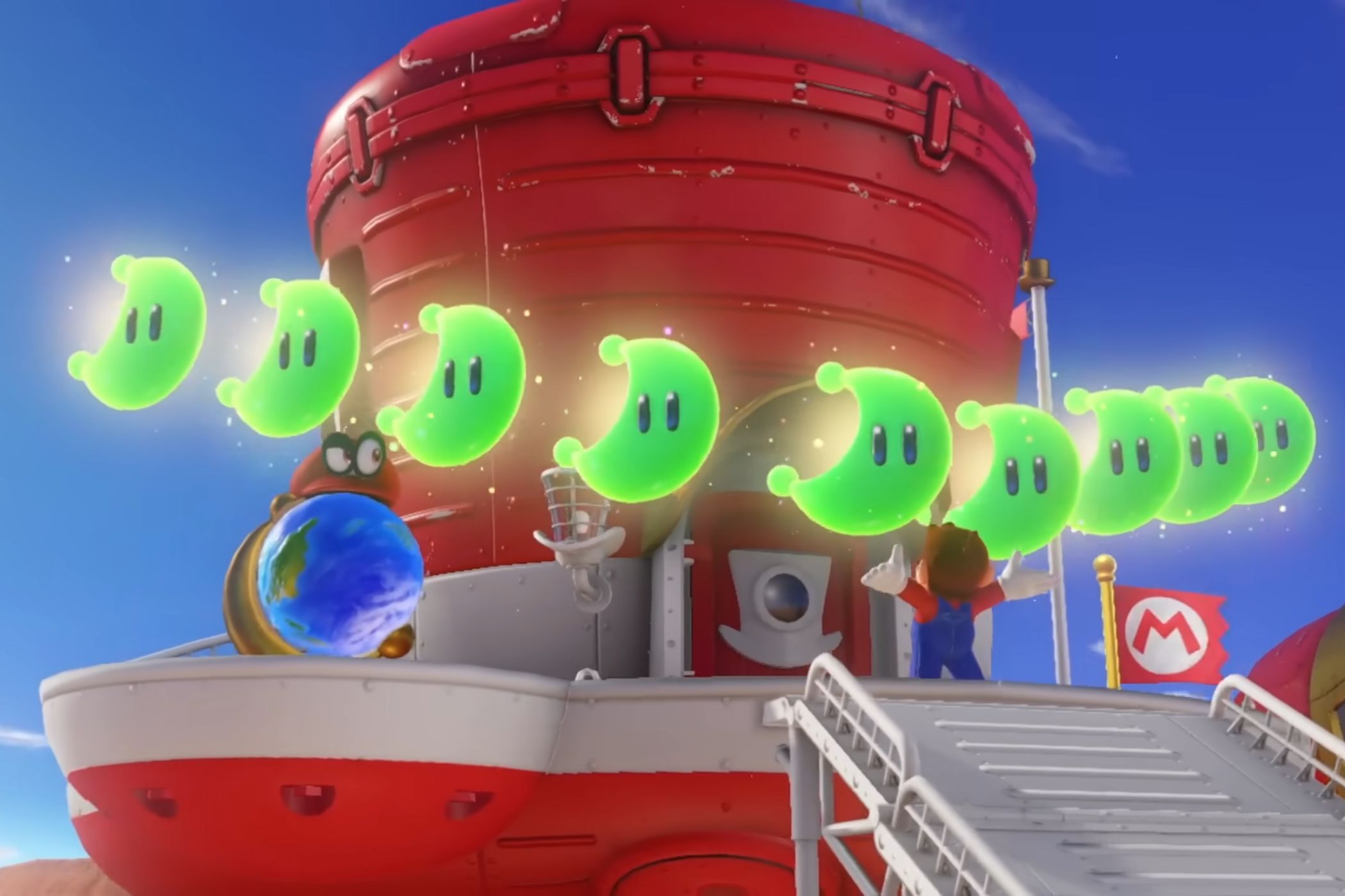 Super Mario Odyssey Mario standing on hat ship with power moons
