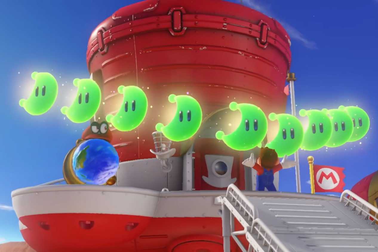 Super Mario Odyssey Mario standing on hat ship with power moons