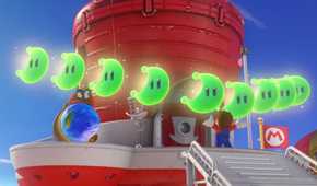 Super Mario Odyssey Mario standing on hat ship with power moons