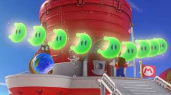 Super Mario Odyssey Mario standing on hat ship with power moons