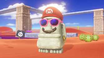 Super Mario Odyssey Mario hat and mustache on statue in the desert