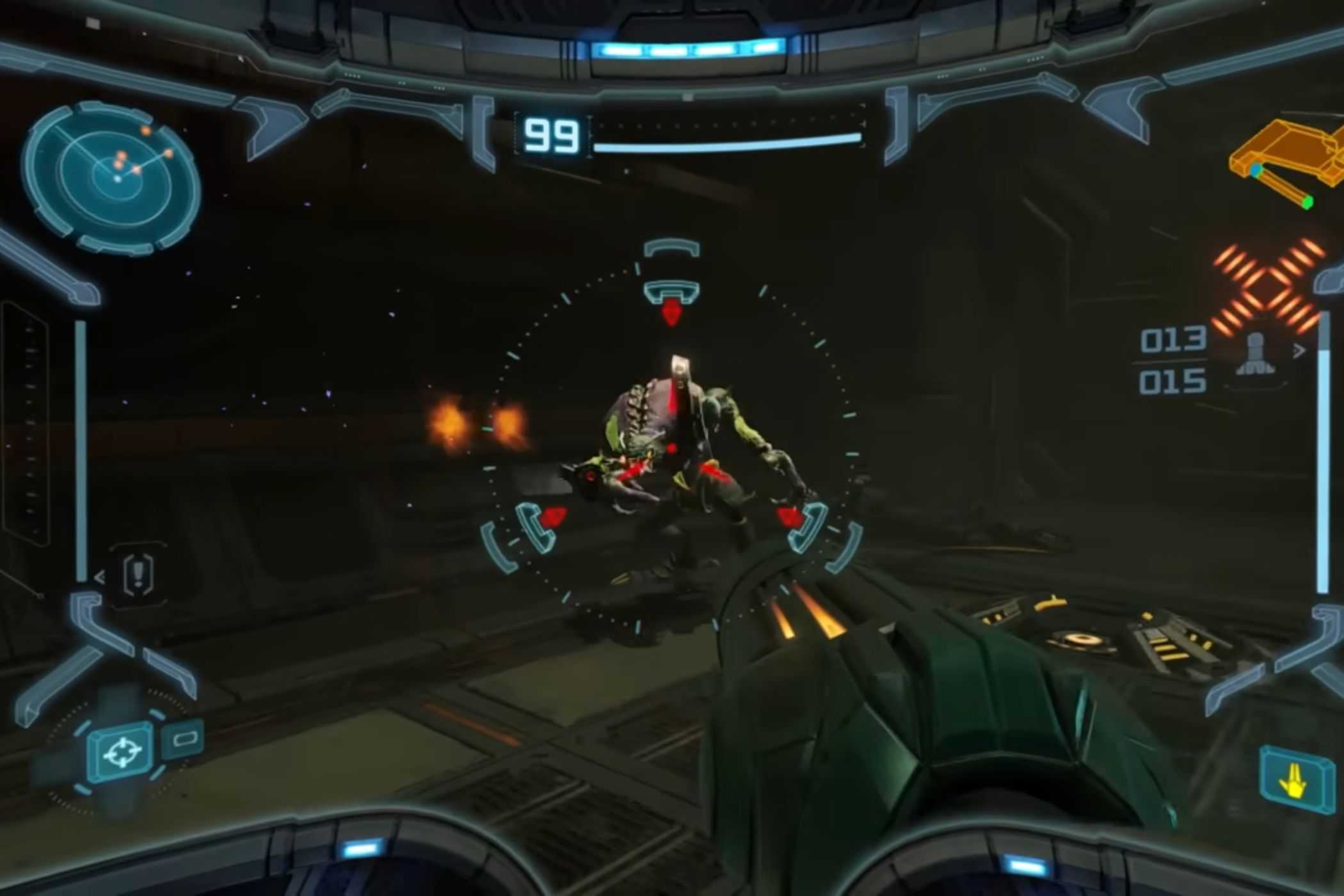 Metroid Prime Remastered Samus shooting alien on ship