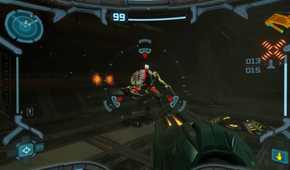 Metroid Prime Remastered Samus shooting alien on ship