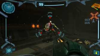 Metroid Prime Remastered Samus shooting alien on ship