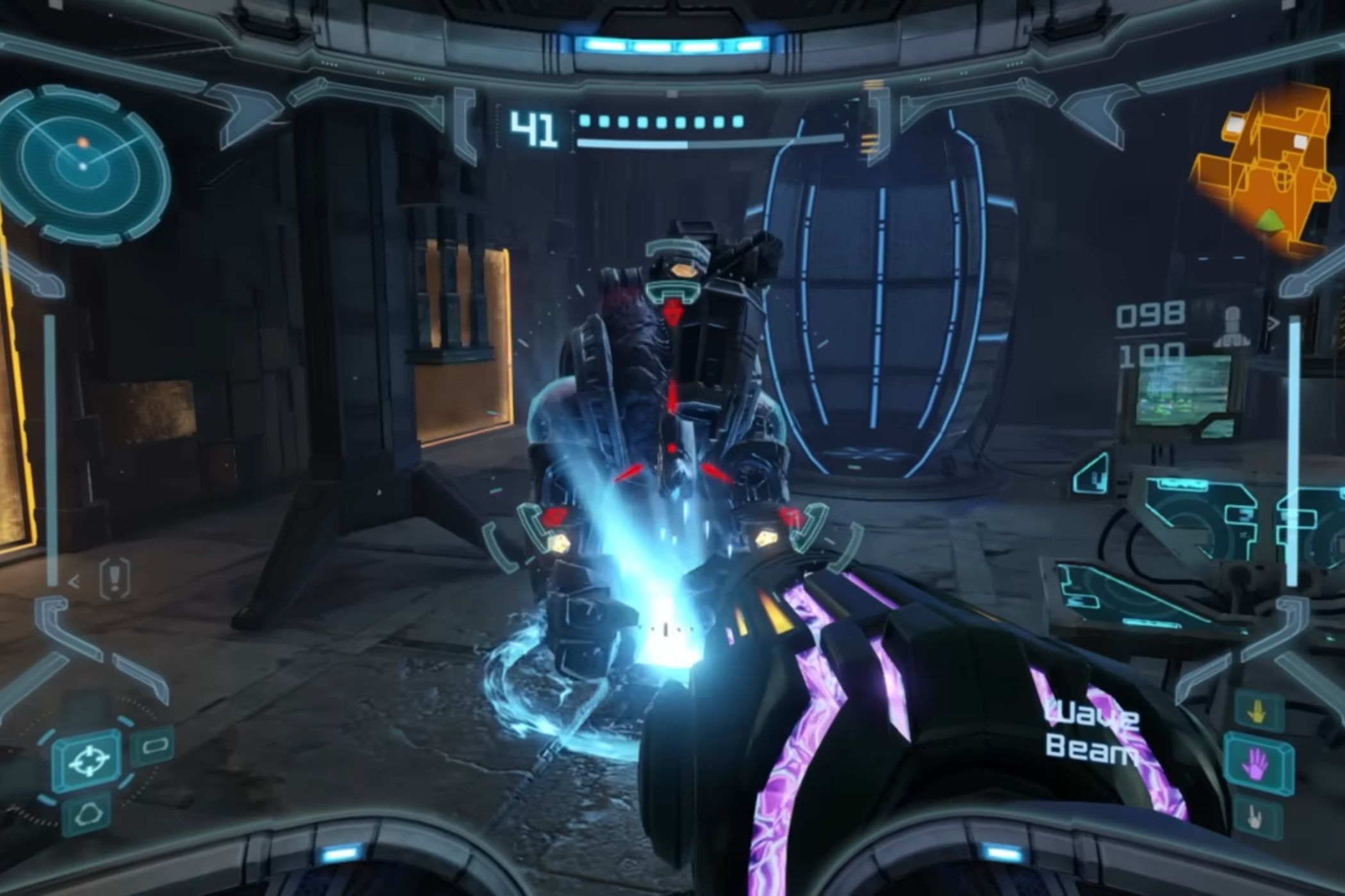 Metroid Prime Remastered Samus shooting boss in first person PoV