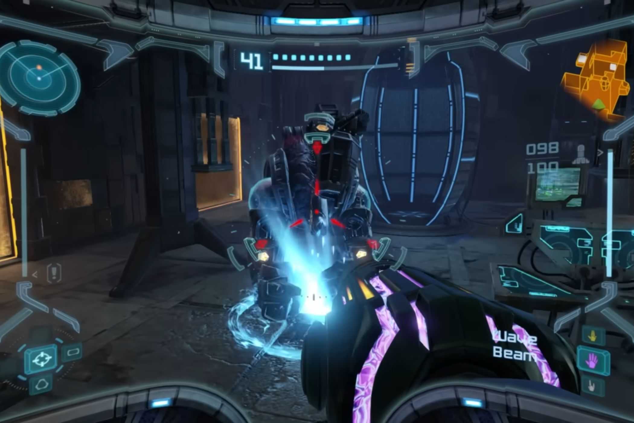 Metroid Prime Remastered Samus shooting boss in first person PoV