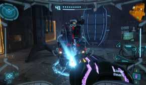 Metroid Prime Remastered Samus shooting boss in first person PoV