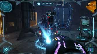 Metroid Prime Remastered Samus shooting boss in first person PoV