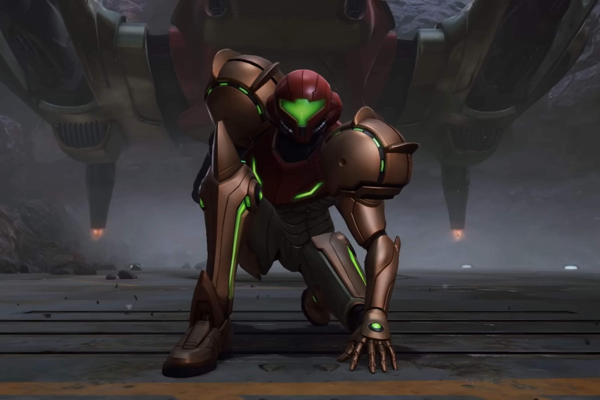 Metroid Prime 4 Samus crouching in front of spaceship