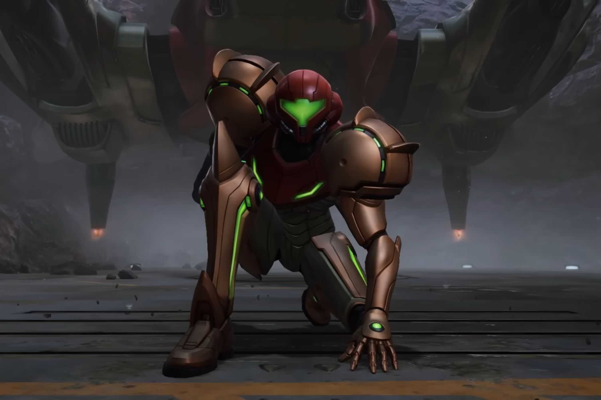 Metroid Prime 4 Samus crouching in front of spaceship