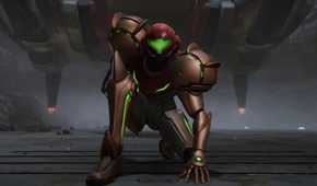 Metroid Prime 4 Samus crouching in front of spaceship