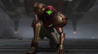 Metroid Prime 4 Samus crouching in front of spaceship
