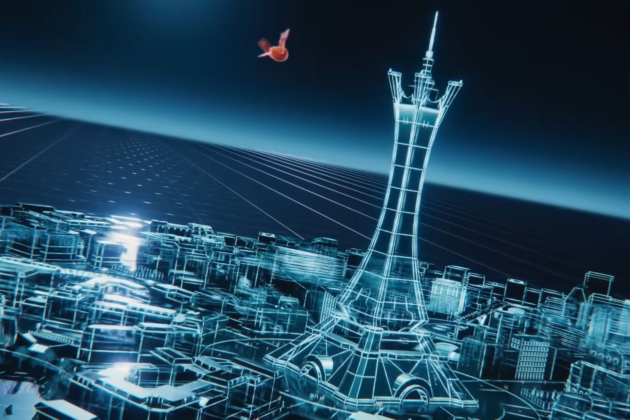 Pokémon Legends Z-A wire frame model of Lumiose City with bird flying