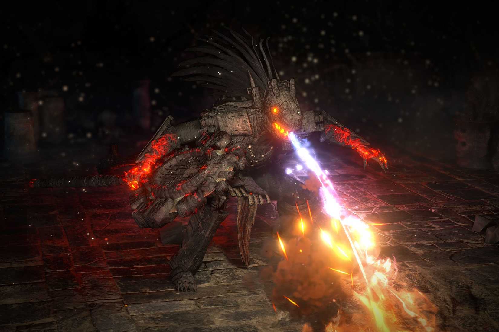 Path of Exile 2 blackjaw boss breathing fire in arena