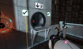 Screenshot of exit door viewed from first-person perspective in Portal video game