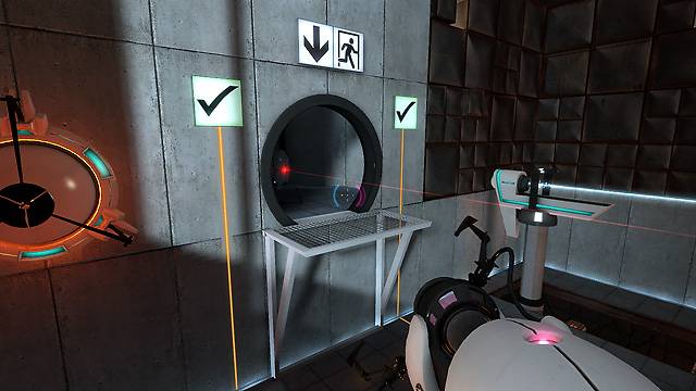 Screenshot of exit door viewed from first-person perspective in Portal video game