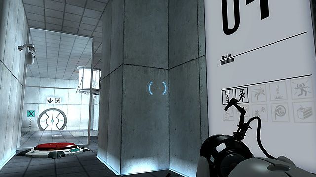 Screenshot of testing room entrance with pressure switch and camera visible in the video game Portal