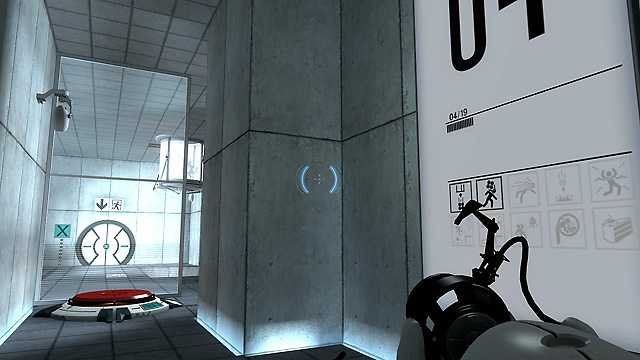Screenshot of testing room entrance with pressure switch and camera visible in the video game Portal