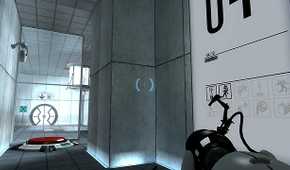Screenshot of testing room entrance with pressure switch and camera visible in the video game Portal