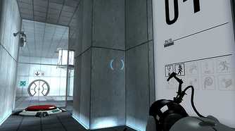 Screenshot of testing room entrance with pressure switch and camera visible in the video game Portal