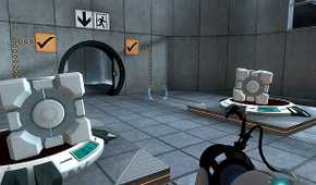 Screenshot of two cubes dropped on pressure switches to open a door in the video game Portal