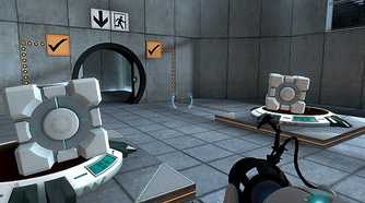 Screenshot of two cubes dropped on pressure switches to open a door in the video game Portal