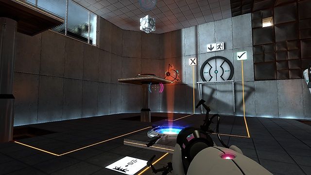 Screenshot of testing room with raised platforms and falling cube from video game Portal