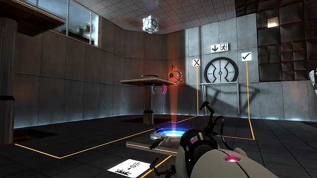 Screenshot of testing room with raised platforms and falling cube from video game Portal
