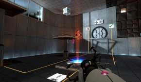 Screenshot of testing room with raised platforms and falling cube from video game Portal