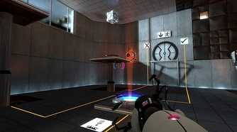 Screenshot of testing room with raised platforms and falling cube from video game Portal