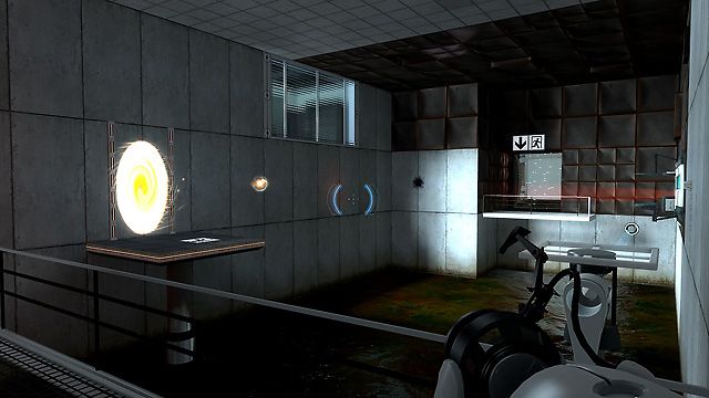 Screenshot of testing room with raised platforms and portals from the video game Portal