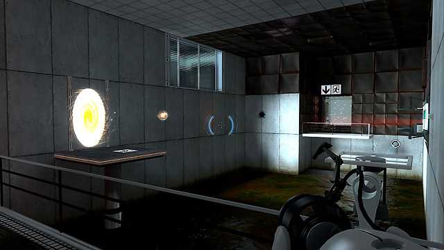 Screenshot of testing room with raised platforms and portals from the video game Portal