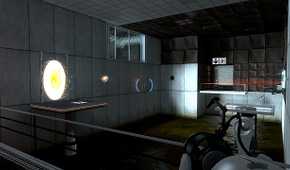 Screenshot of testing room with raised platforms and portals from the video game Portal