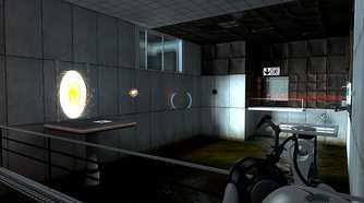 Screenshot of testing room with raised platforms and portals from the video game Portal
