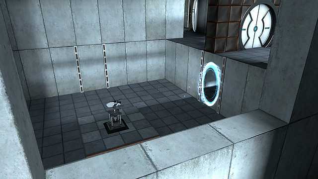 Screenshot of the portal gun from the video game Portal being viewed through a window into another room