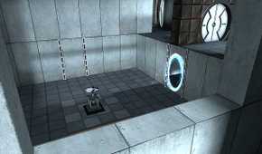 Screenshot of the portal gun from the video game Portal being viewed through a window into another room