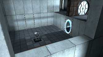 Screenshot of the portal gun from the video game Portal being viewed through a window into another room