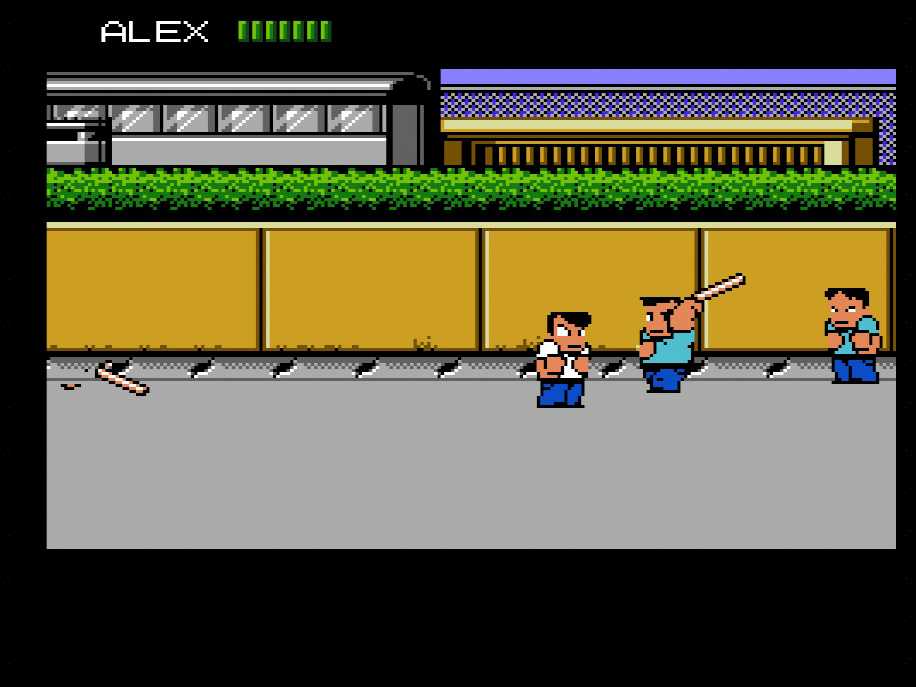 Screenshot of River City Ransom on the NES showcasing the main character fighting two opponents