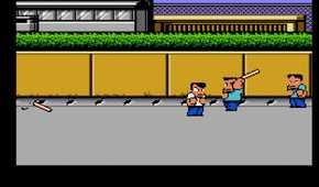 Screenshot of River City Ransom on the NES showcasing the main character fighting two opponents