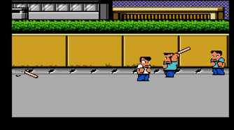 Screenshot of River City Ransom on the NES showcasing the main character fighting two opponents