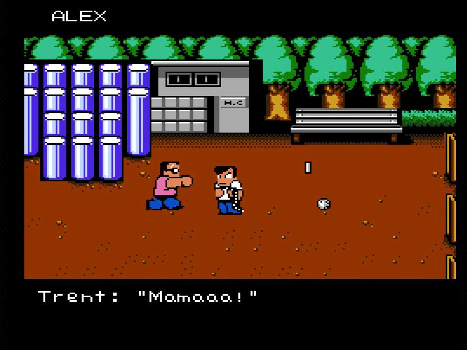 Screenshot of River City Ransom on the NES showing the protagonist and one enemy character in a park