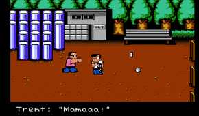 Screenshot of River City Ransom on the NES showing the protagonist and one enemy character in a park