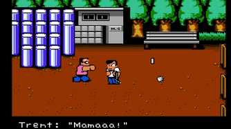 Screenshot of River City Ransom on the NES showing the protagonist and one enemy character in a park