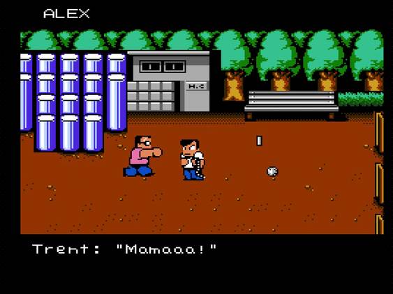 Screenshot of River City Ransom on the NES showing the protagonist and one enemy character in a park