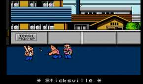 Screenshot of River City Ransom on the NES showing the protagonist and two enemy characters in Sticksville